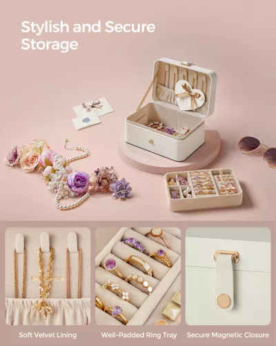 Ékszertartó doboz, utazó ékszertartó, 2 szintes, felhőfehér 20x15x10cm