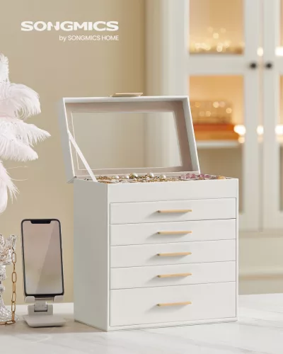 Ékszertartó doboz üvegfedéllel, 6 szintes, 5 fiókkal, fehér 25x16x29cm