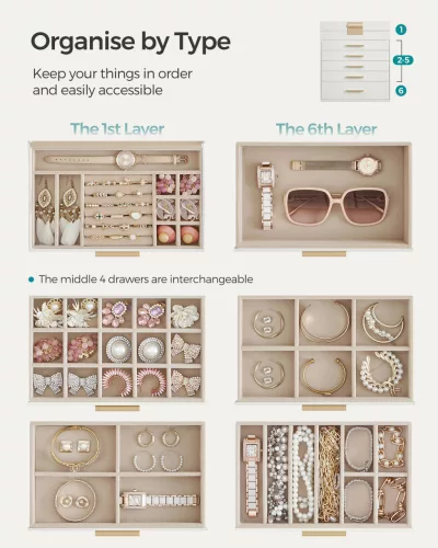 Ékszertartó doboz üvegfedéllel, 6 szintes, 5 fiókkal, fehér 25x16x29cm