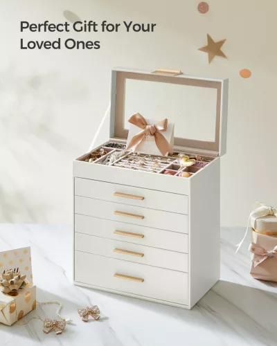 Ékszertartó doboz üvegfedéllel, 6 szintes, 5 fiókkal, fehér 25x16x29cm