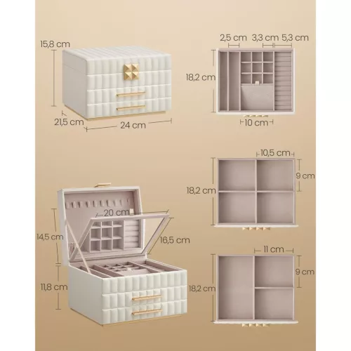 SONGMICS HOME ANAH Kollekció - 3 szintes ékszerdoboz tükörrel, ékszerrendező 2 fiókkal,