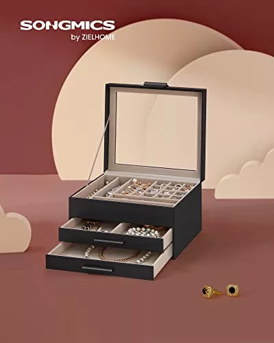 SONGMICS Ékszerdoboz üvegfedéllel, 3 rétegű ékszerrendező 2 fiókkal, ékszertároló,