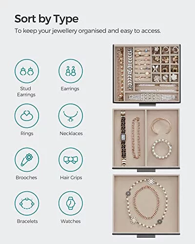 SONGMICS Ékszerdoboz üvegfedéllel, 3 rétegű ékszerrendező 2 fiókkal, ékszertároló,