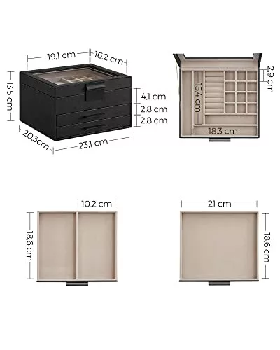 SONGMICS Ékszerdoboz üvegfedéllel, 3 rétegű ékszerrendező 2 fiókkal, ékszertároló,