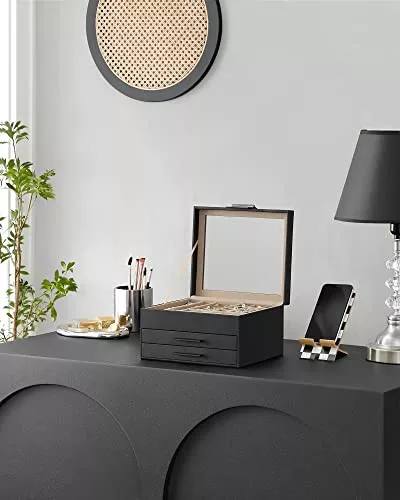 SONGMICS Ékszerdoboz üvegfedéllel, 3 rétegű ékszerrendező 2 fiókkal, ékszertároló,