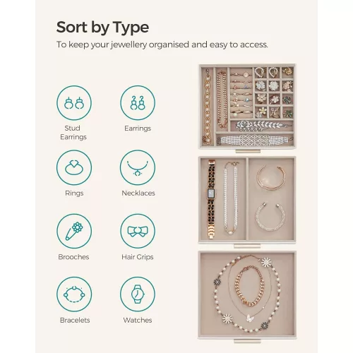 SONGMICS Ékszerdoboz üvegfedéllel, 3 rétegű ékszerrendező 2 fiókkal, ékszertároló,