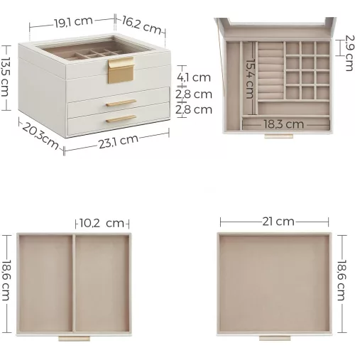 SONGMICS Ékszerdoboz üvegfedéllel, 3 rétegű ékszerrendező 2 fiókkal, ékszertároló,