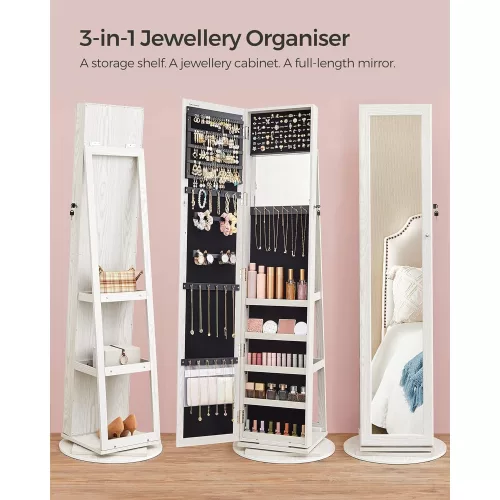 SONGMICS Szabadon álló ékszeres szekrény, 360°-ban forgatható ékszer tároló tükörrel,