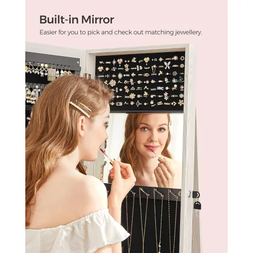SONGMICS Szabadon álló ékszeres szekrény, 360°-ban forgatható ékszer tároló tükörrel,