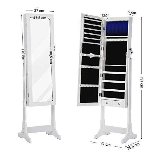 SONGMICS LED Ékszeres Szekrény, Teljes Hosszúságú Tükrös Ékszer Armoire, Zárható Ékszer