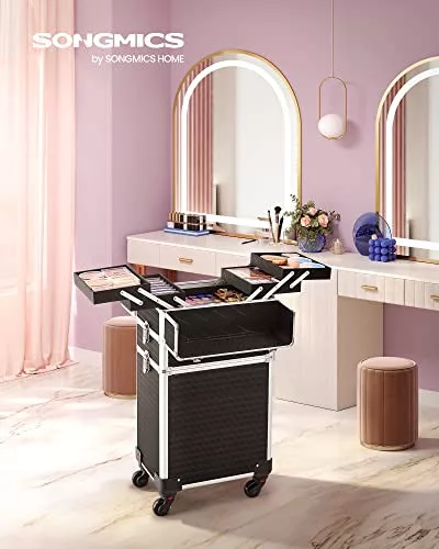 SONGMICS JHZ014B01 Nagy méretű görgős profi sminkes koffer üres sminkes táska 4 univerzális