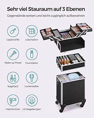 SONGMICS JHZ014B01 Nagy méretű görgős profi sminkes koffer üres sminkes táska 4 univerzális