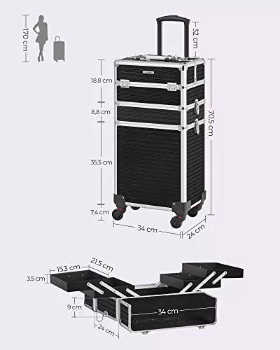 SONGMICS JHZ014B01 Nagy méretű görgős profi sminkes koffer üres sminkes táska 4 univerzális