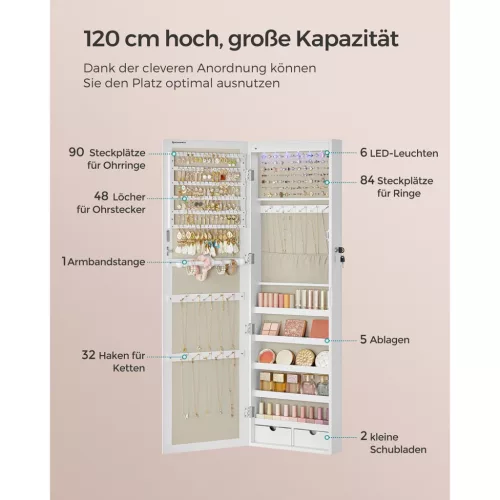 SONGMICS Ékszerszekrény Armoire, Zárható Fali Tároló Szervező Egység