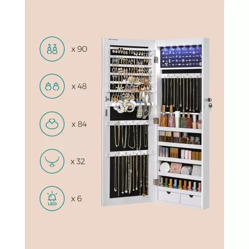 SONGMICS Keret nélküli tükrös ékszeres szekrény, 6 LED-es ékszerrendező falra szerelhető