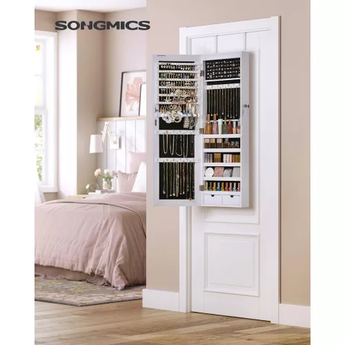 SONGMICS Keret nélküli tükrös ékszeres szekrény, 6 LED-es ékszerrendező falra szerelhető