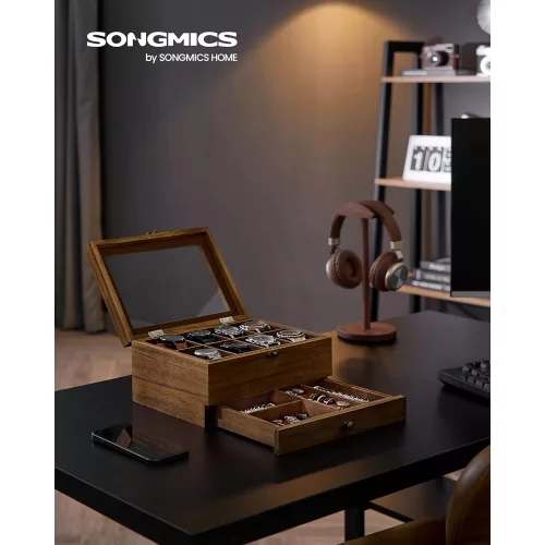 SONGMICS Óraszekrény 8 rekeszzel, 2 emeletes fa óratartó doboz nagy üvegfedéllel, óra