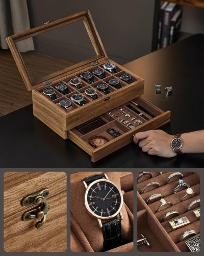 Fa óratároló doboz 12 rekesszel, üvegfedéllel, barna 30x20x13cm