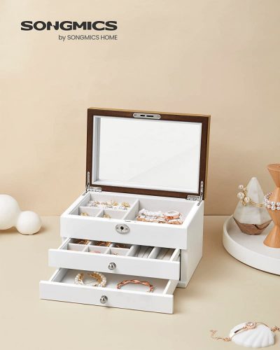 SONGMICS Ékszerdoboz, 3 emeletes ékszer rendező nagy tükörrel, 2 fiókkal, zárható, ajándék