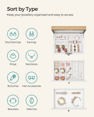SONGMICS Ékszerdoboz, 3 emeletes ékszer rendező nagy tükörrel, 2 fiókkal, zárható, ajándék