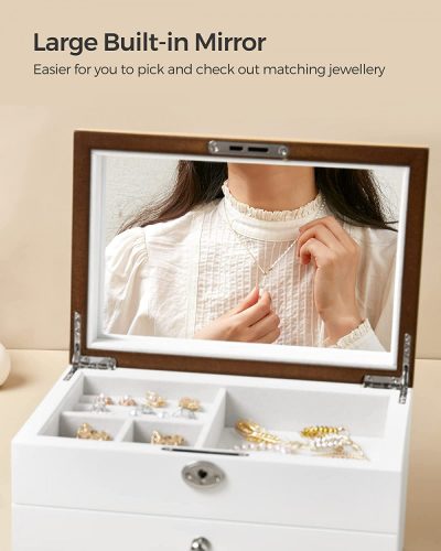 SONGMICS Ékszerdoboz, 3 emeletes ékszer rendező nagy tükörrel, 2 fiókkal, zárható, ajándék