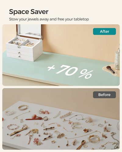 SONGMICS Ékszerdoboz, 3 emeletes ékszer rendező nagy tükörrel, 2 fiókkal, zárható, ajándék