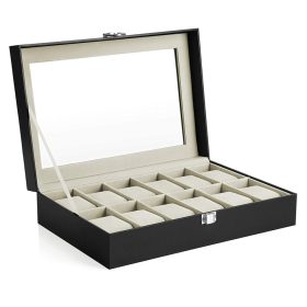   Óratartó doboz 12 rekesszel, üvegfedéllel, fekete műbőr, zöldesbézs bélés
