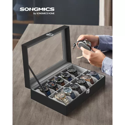 SONGMICS Óraszekrény 12 rekeszzel, üvegfedéllel, eltávolítható óra párnákkal, fém