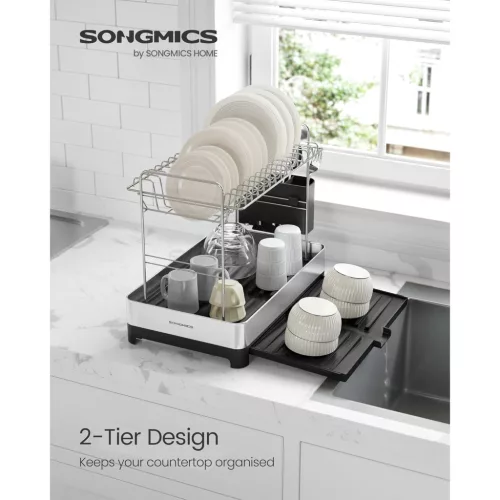 SONGMICS 2 szintes edényszárító állvány, bővíthető edényszárító, rozsdamentes acél