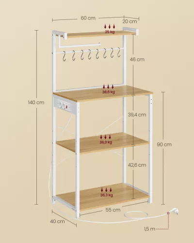 Konyhai polc, álló tároló, 4 szintes, 8 akasztóval, arany tölgy