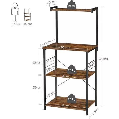 VASAGLE Konyhai Polc 3 Szintes Állvány 6 S-alakú Akasztóval Ipari Design Mikrohullámú Sütési