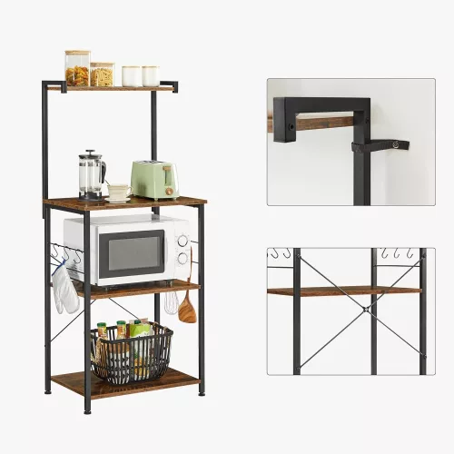 VASAGLE Konyhai Polc 3 Szintes Állvány 6 S-alakú Akasztóval Ipari Design Mikrohullámú Sütési
