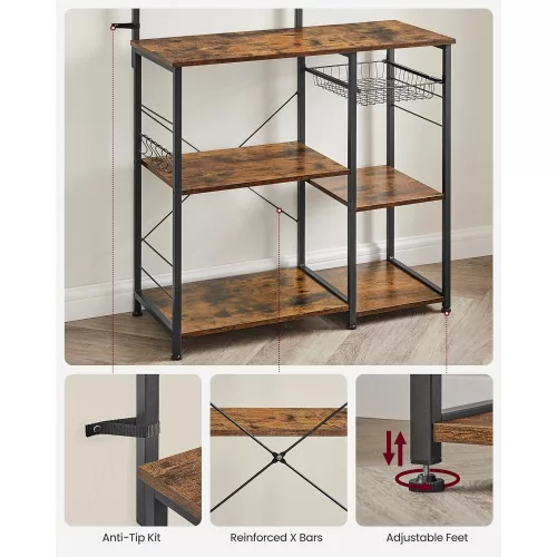 VASAGLE Baker’s Rack polcokkal, mikrohullámú sütő állvánnyal, drótkosárral, 6 S-fogassal,