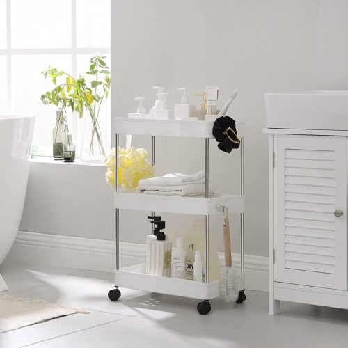 SONGMICS 3 szintes tárolókocsi, konyhai kocsi kerekeken, keskeny kocsi konyhába,