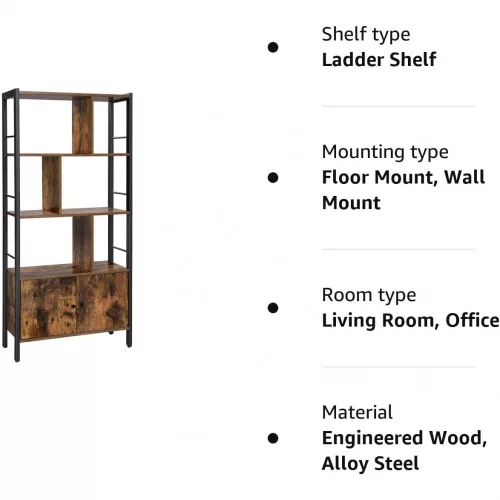 VASAGLE Könyvespolc, Tároló Polc, Nagy Könyvszekrény Ajtókkal, 4 Polccal, Stabil