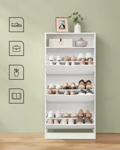 Cipősszekrény 3 ajtóval, állítható elválasztóval, felhajtható, felhő fehér