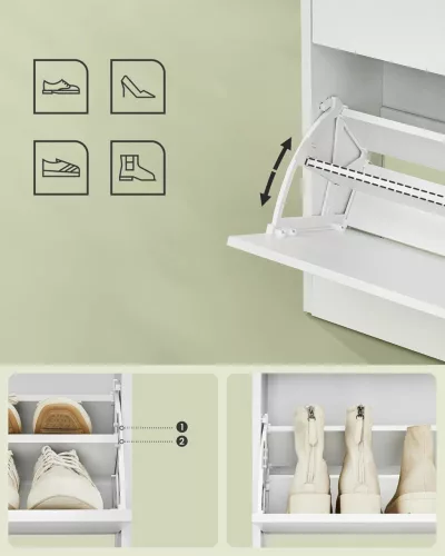 Cipősszekrény 3 ajtóval, állítható elválasztóval, felhajtható, felhő fehér