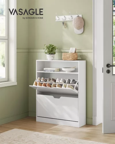 Cipőtároló polc 2 lehajtható ajtóval, állítható elválasztóval, felhősfehér