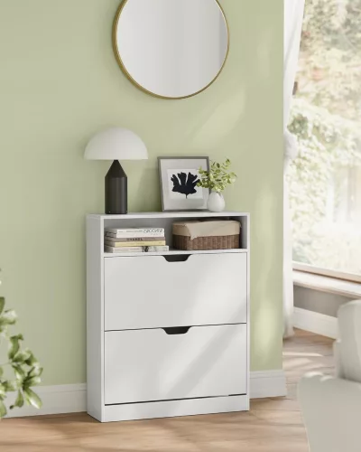 Cipőtároló polc 2 lehajtható ajtóval, állítható elválasztóval, felhősfehér