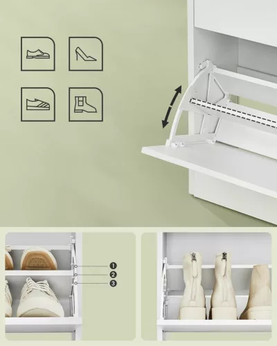 Cipőtároló polc 2 lehajtható ajtóval, állítható elválasztóval, felhősfehér