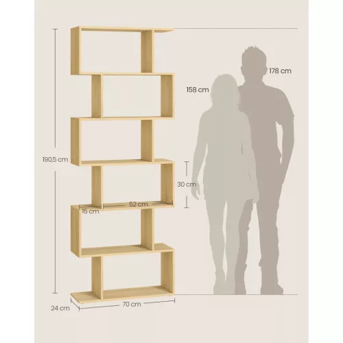 Könyvespolc, 6 szintes tárolóegység, természetes tölgy, 70 x 24 x 191 cm