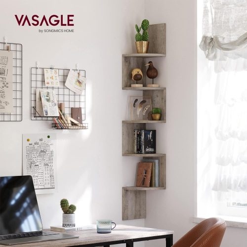 VASAGLE Sarokpolc, 5 polcos lebegő fali polc zigzag designnal, könyvespolc, Greige