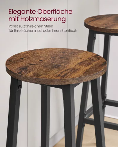 Bárszék 2 db, fém vázzal és lábtartóval, rusztikus barna-fekete, 74 cm magas