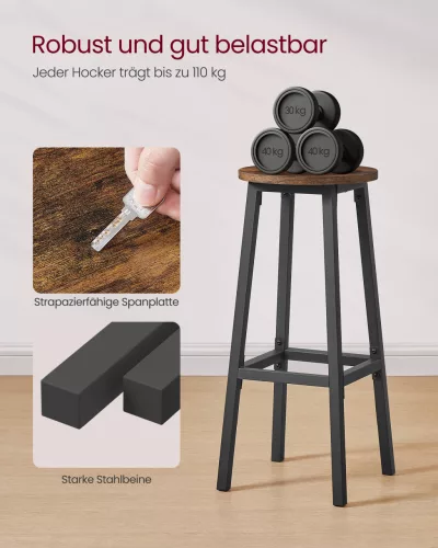 Bárszék 2 db, fém vázzal és lábtartóval, rusztikus barna-fekete, 74 cm magas