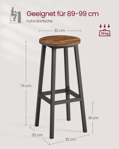 Bárszék 2 db, fém vázzal és lábtartóval, rusztikus barna-fekete, 74 cm magas