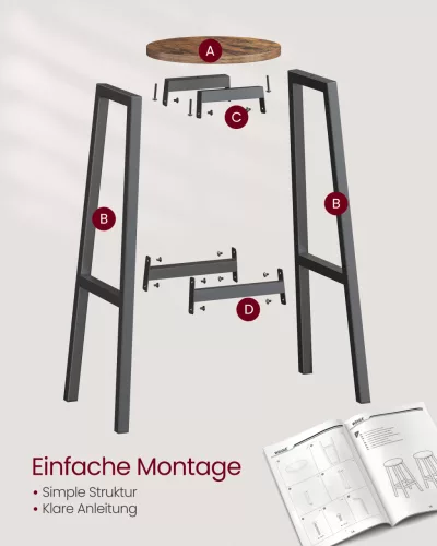 Bárszék 2 db, fém vázzal és lábtartóval, rusztikus barna-fekete, 74 cm magas