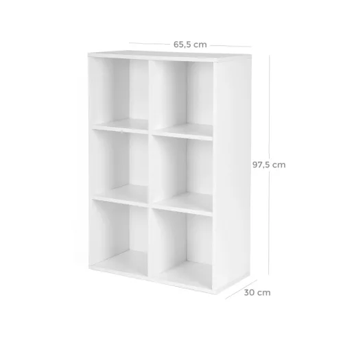 Könyvespolc, 3 szintes tárolópolc, 6 rekesszel, fehér 60x24x90cm