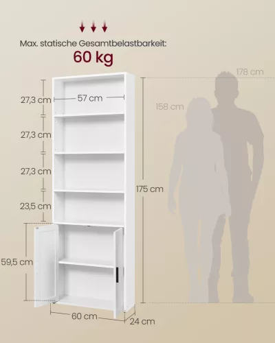 Könyvespolc, 6 szintes, ajtós, felnyitható, felhő fehér