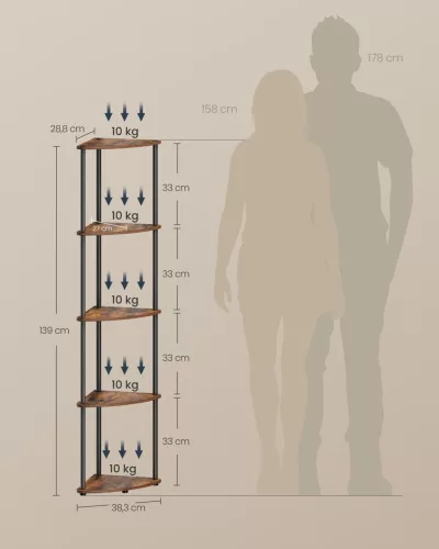 Sarokpolc, 5 szintes tárolóegység, rusztikus barna
