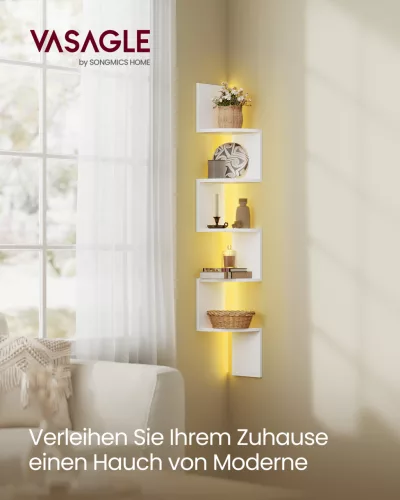 Fali sarokpolc RGB LED világítással, 5 szintes, matt fehér